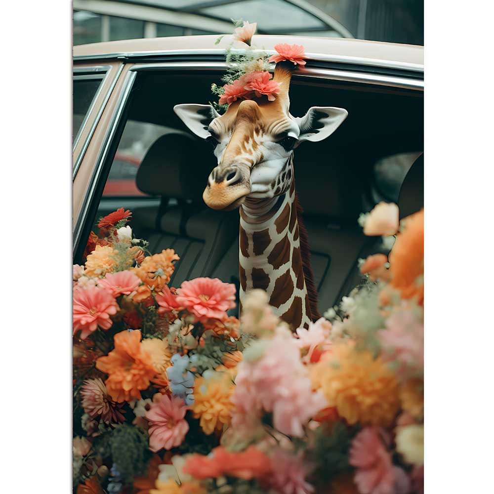 Blumengeschmückte Giraffe im Auto