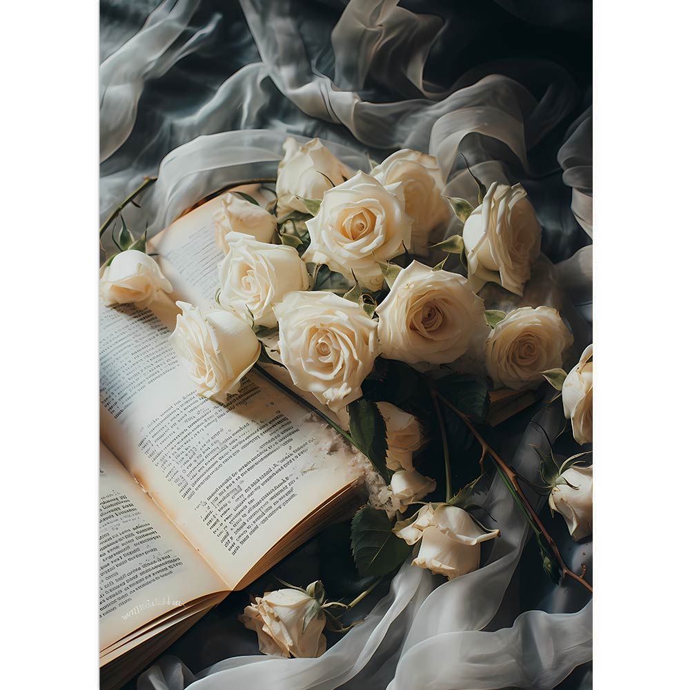 Weiße Rosen auf einem Bett, ein Buch ist auch da 
