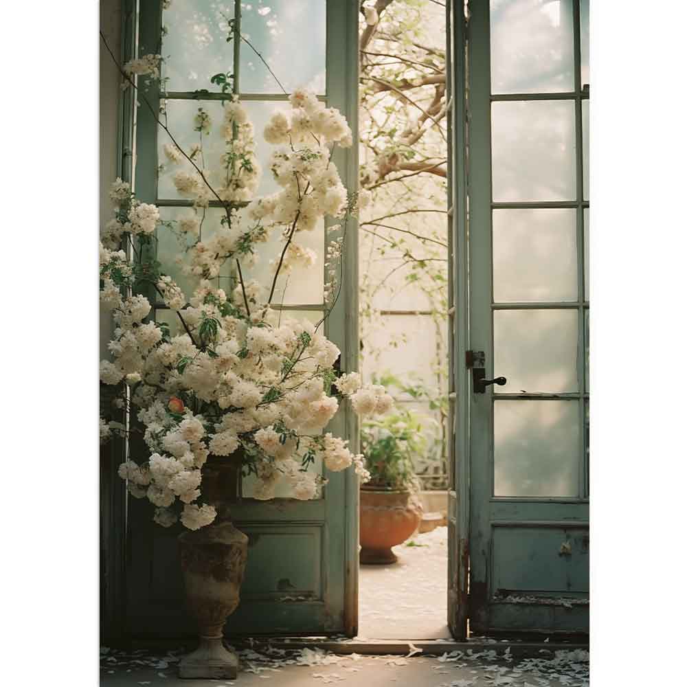 Eine alte blaue Tür, ein Blumentopf mit weißen Blumen ist links 