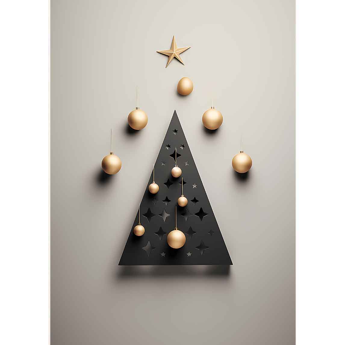 Der Baum aus Metall ist ein Weihnachtsbaum. Er hat goldene Kugeln.