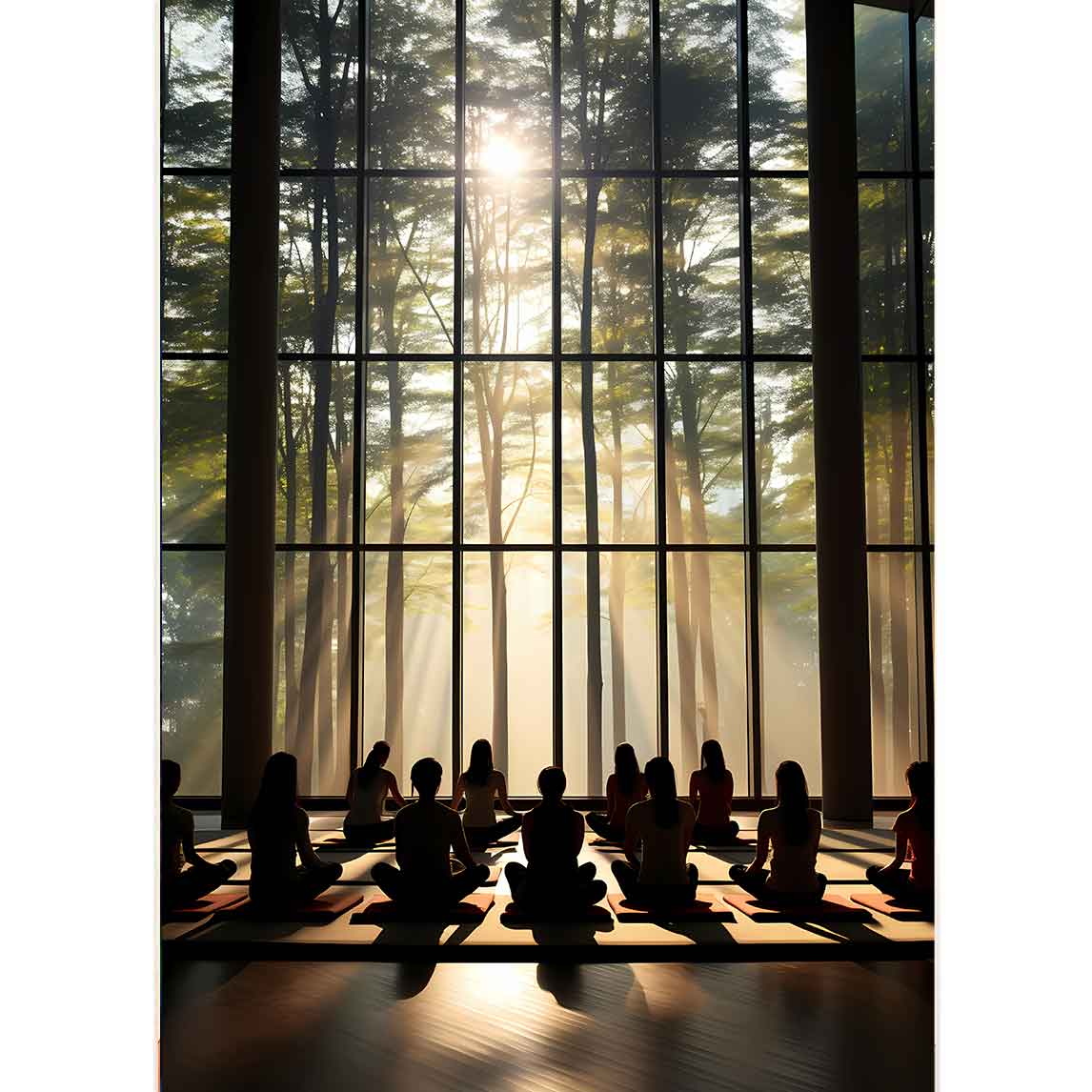 Gruppe von Frauen die Yoga machen vor einem grossen Fenster