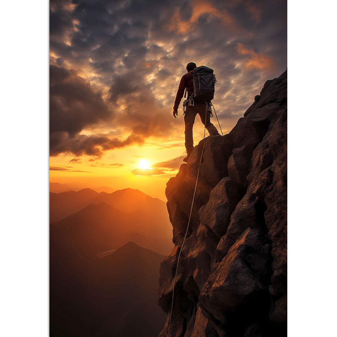 Ein Bergsteiger, der den Sonnenuntergang ansieht