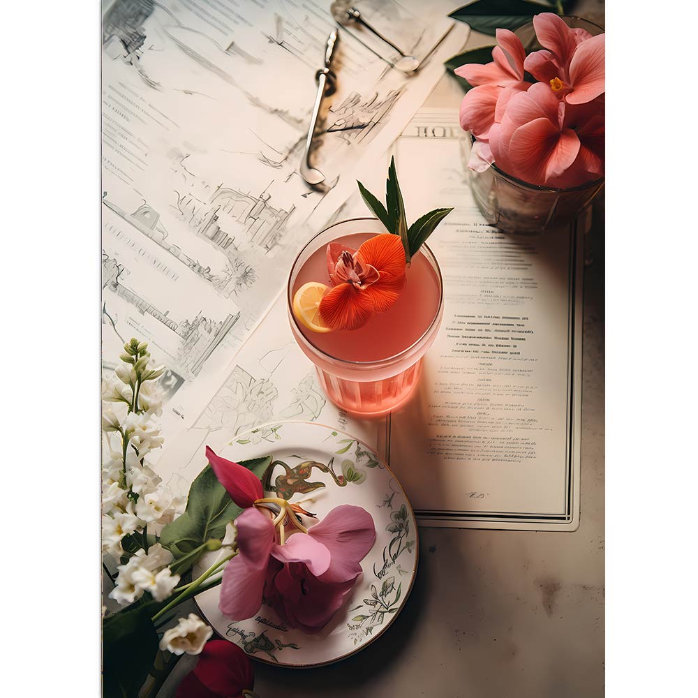 Ein pinker Cocktail mit mehren pinken Blüten