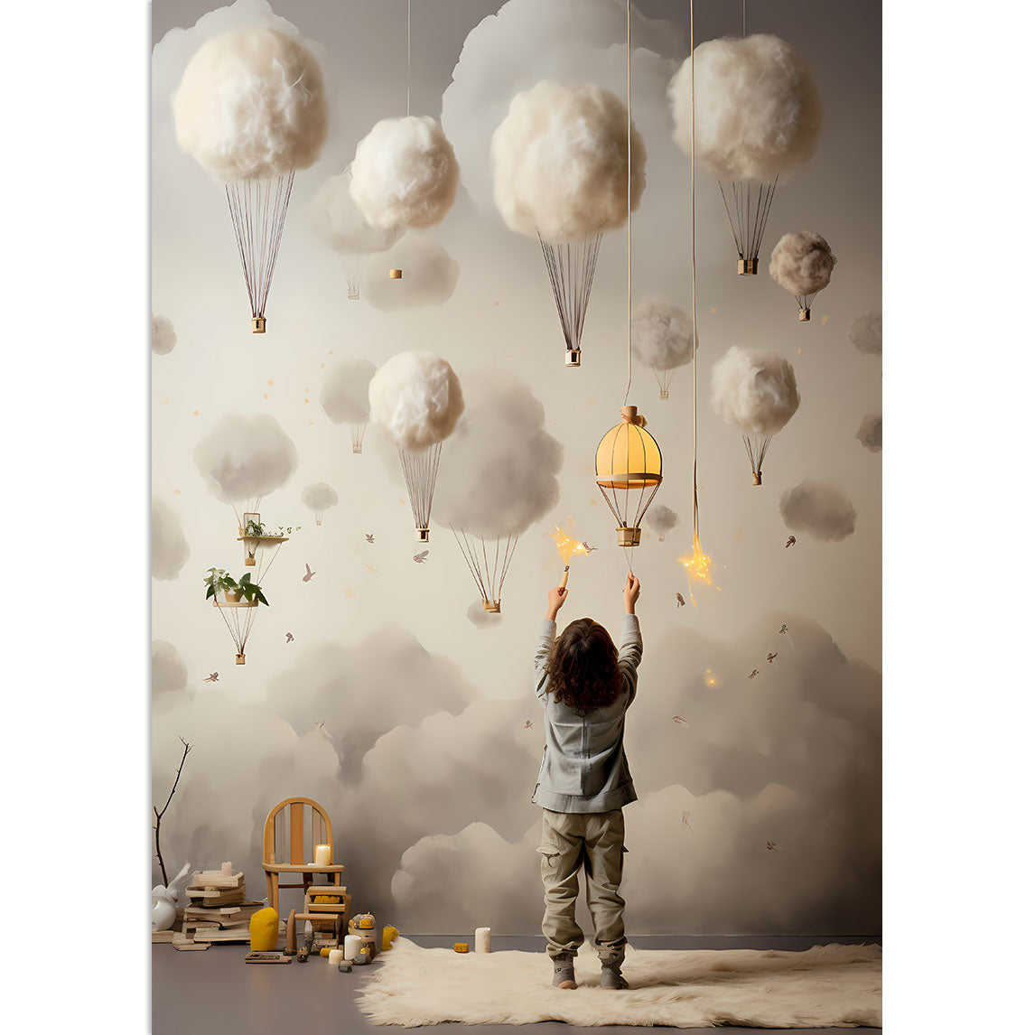 Ein Kind, das mit Heißluftballons spielt, welche aus Watte sind 