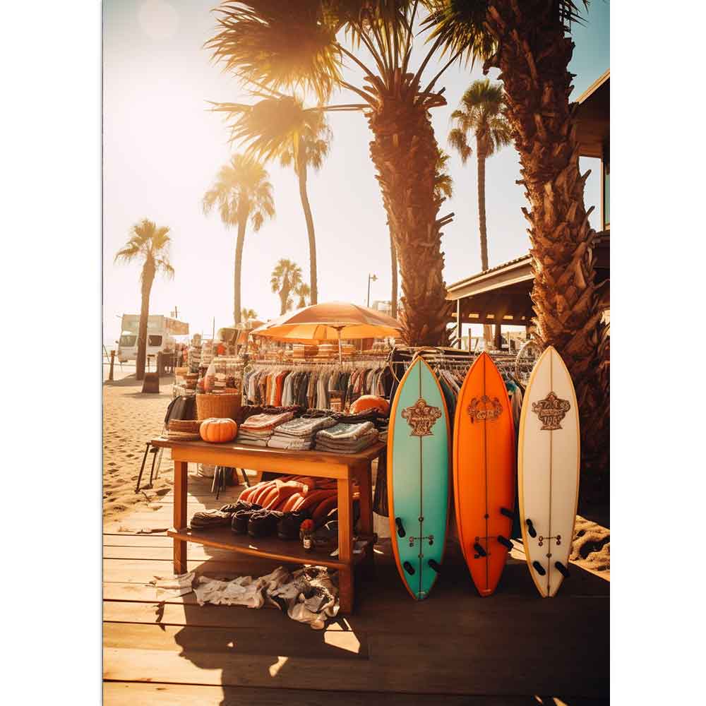 Surfboards neben anderen Sachen auf einem Strand 