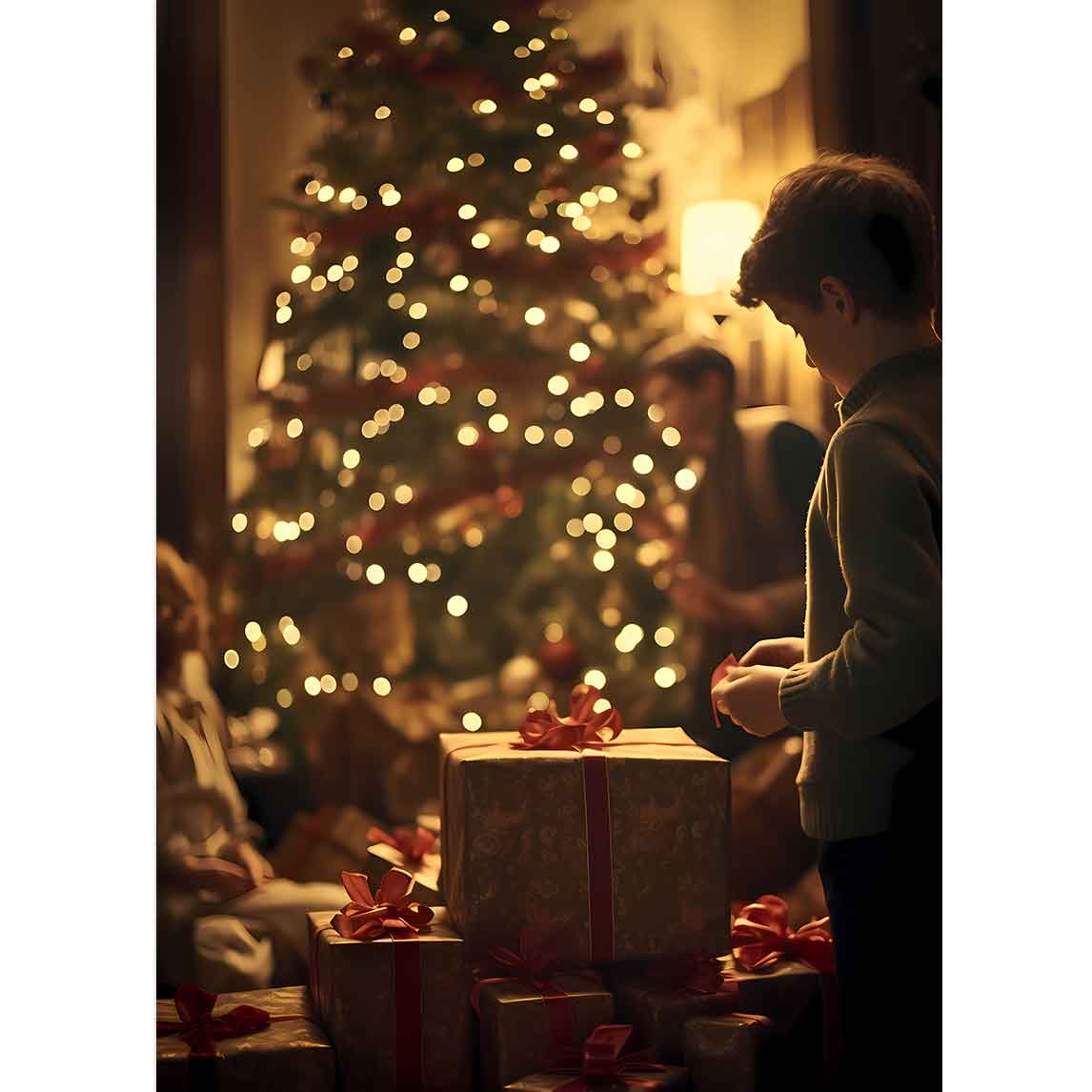 Kind mit Eltern vor einem Weihnachtsbaum, mit Geschenken im Vordergrund