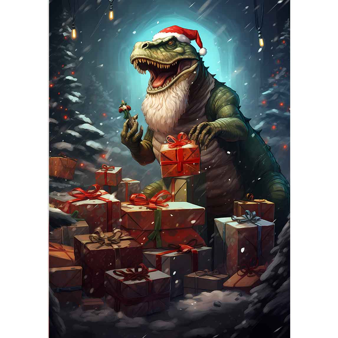 Grüner Dinosaurier mit Weihnachtsmütze verpackt Geschenke