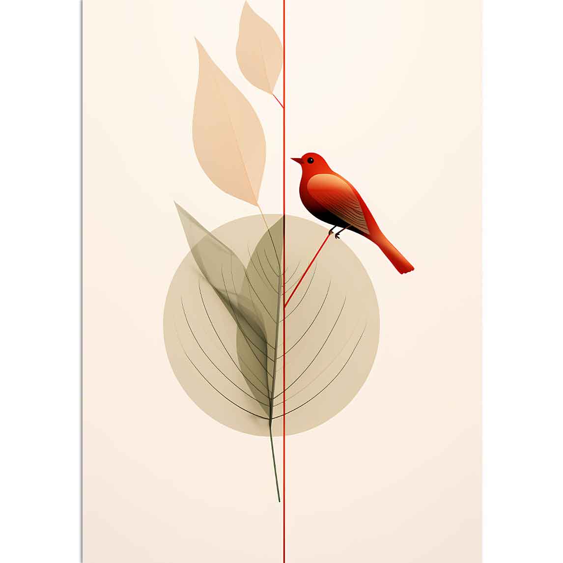 Ein minimalistisch gezeichneter orangefarbener Vogel auf einem Baum 