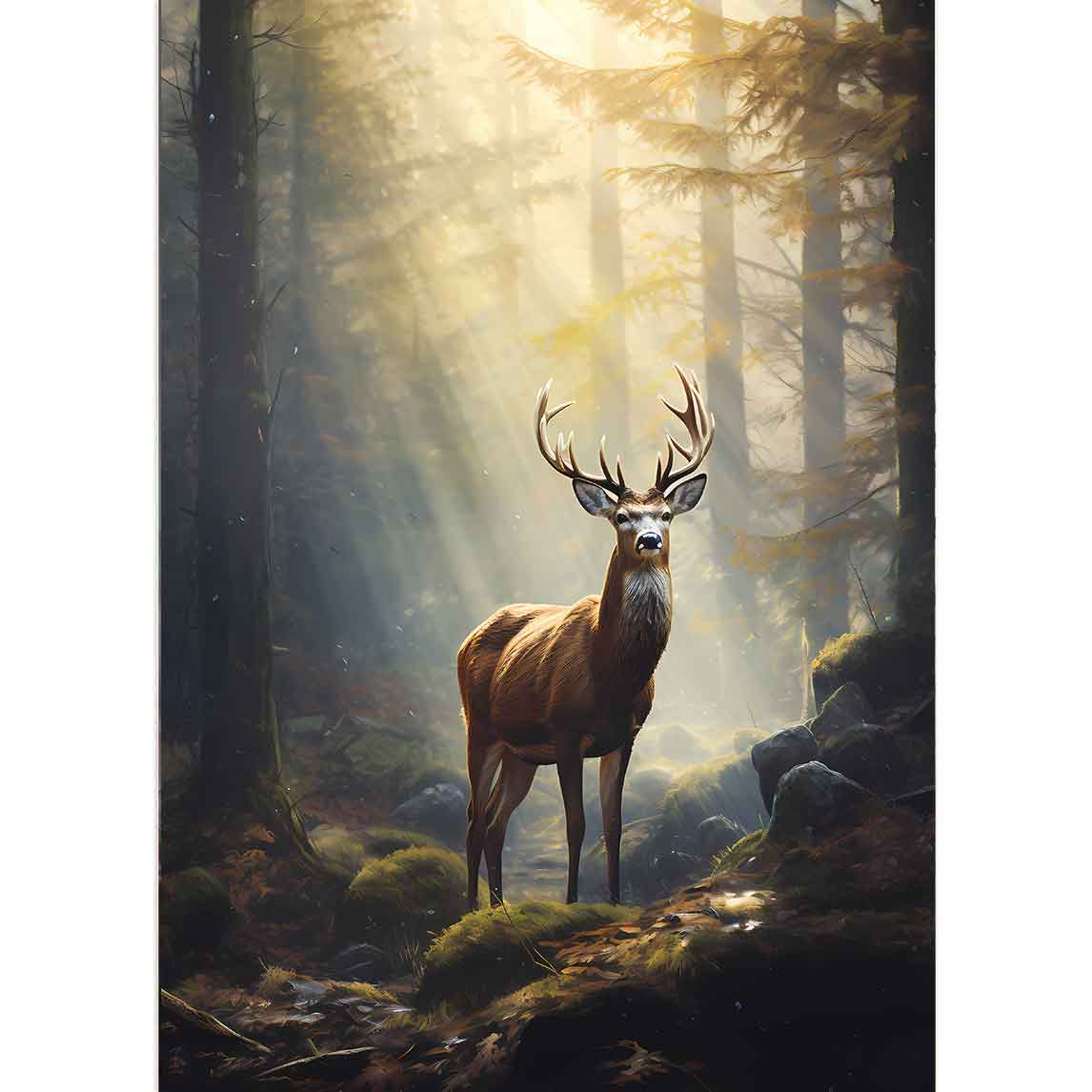 Hirsch im Wald, die Sonne strahlt auf ihn