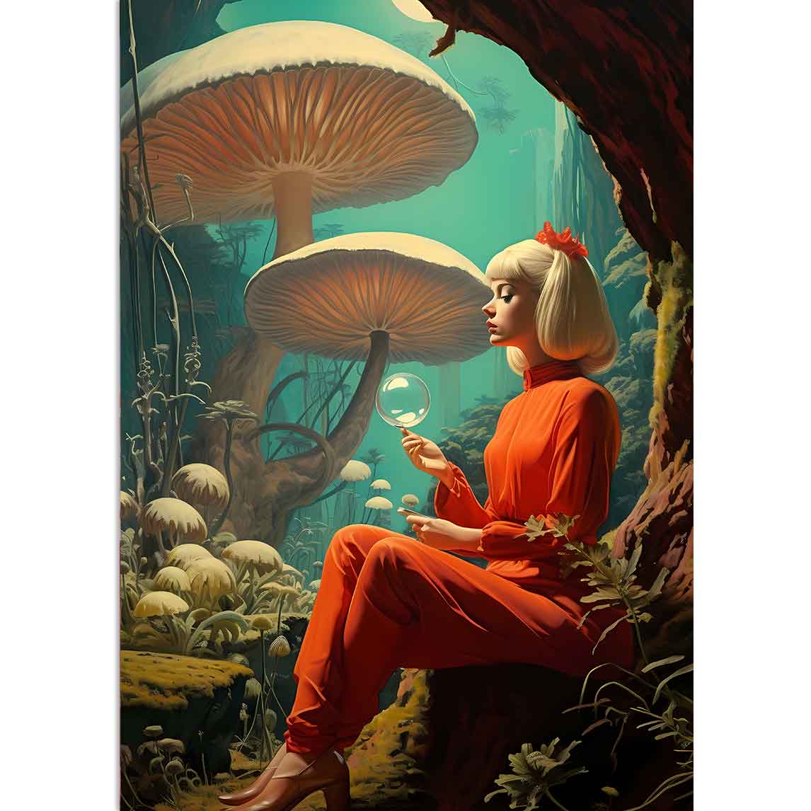 Frau in Orange hält Seifenblase, im Hintergrund sind Pilze 