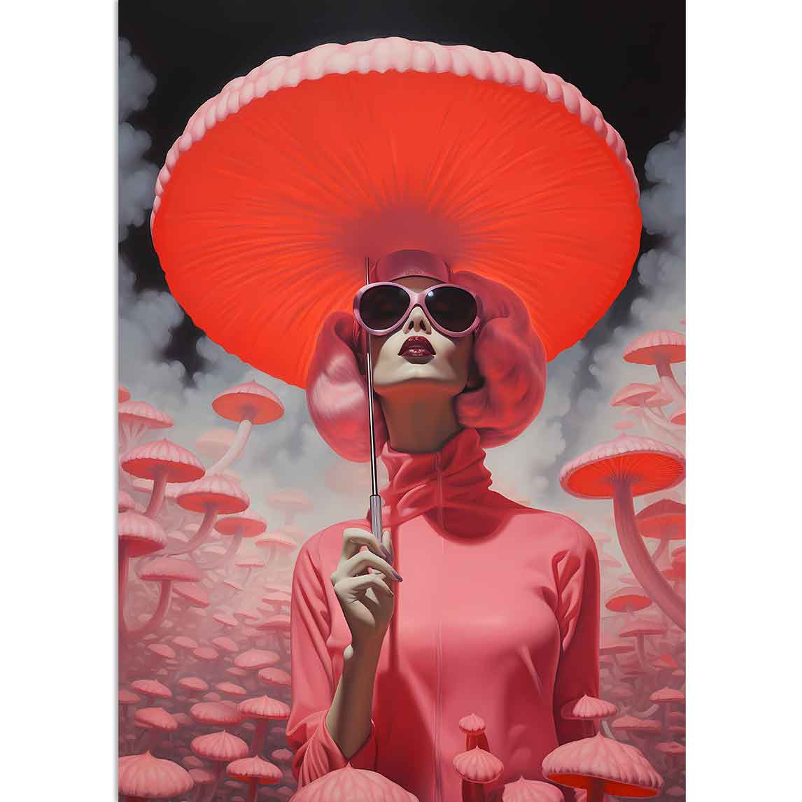 Frau in Pink umgeben  von Pilzen