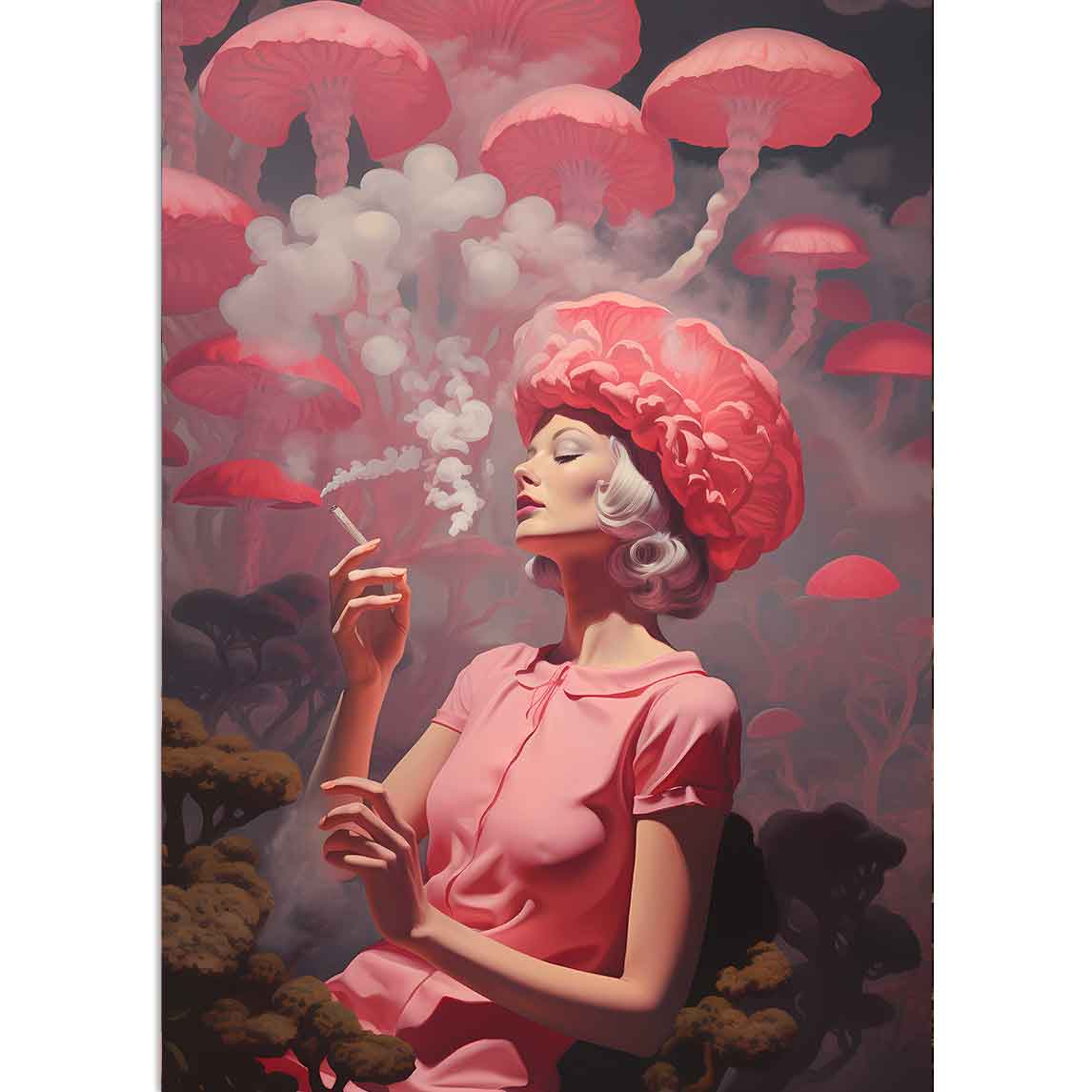 Eine Frau mit einer Zigarette in Pink, Pilze im Hintergrund
