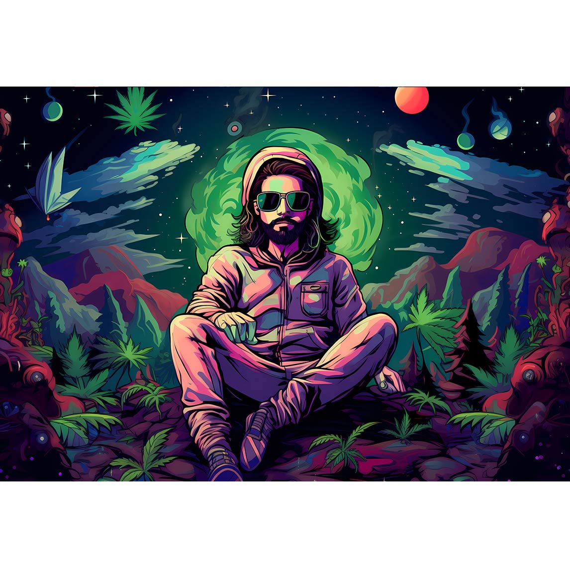 Ein Mann umgeben von Marihuana pflanzen auf einem fremden Planeten 