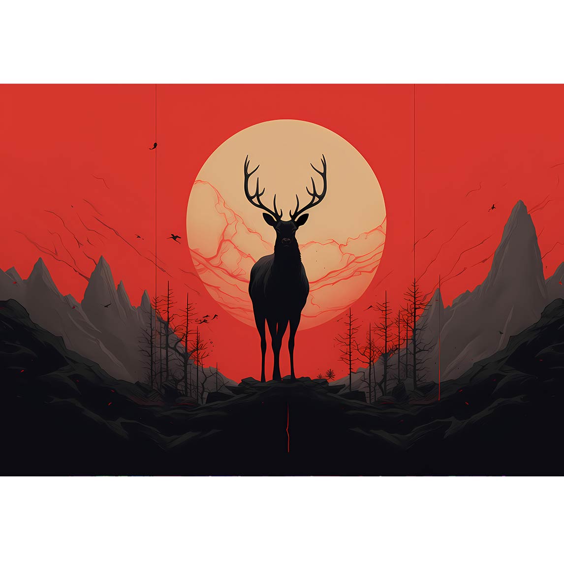 Ein Silhouette von einem Hirsch im Gebirge, roter Himmel im Hintergrund 