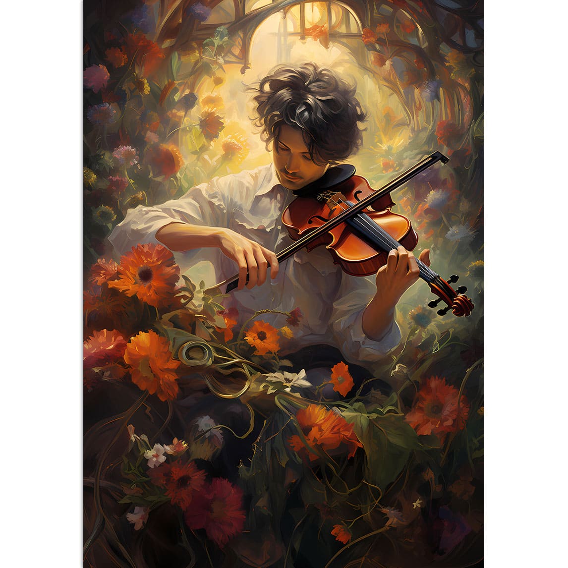 Ein Violinist, welcher von Blumen umgeben die Violine spielt