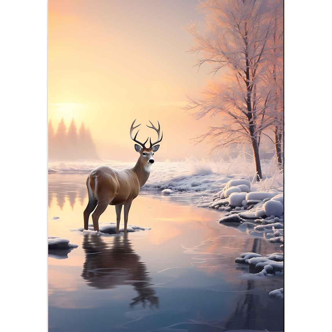 Hirsch der auf einem gefrorenen See steht, umgeben von Schnee