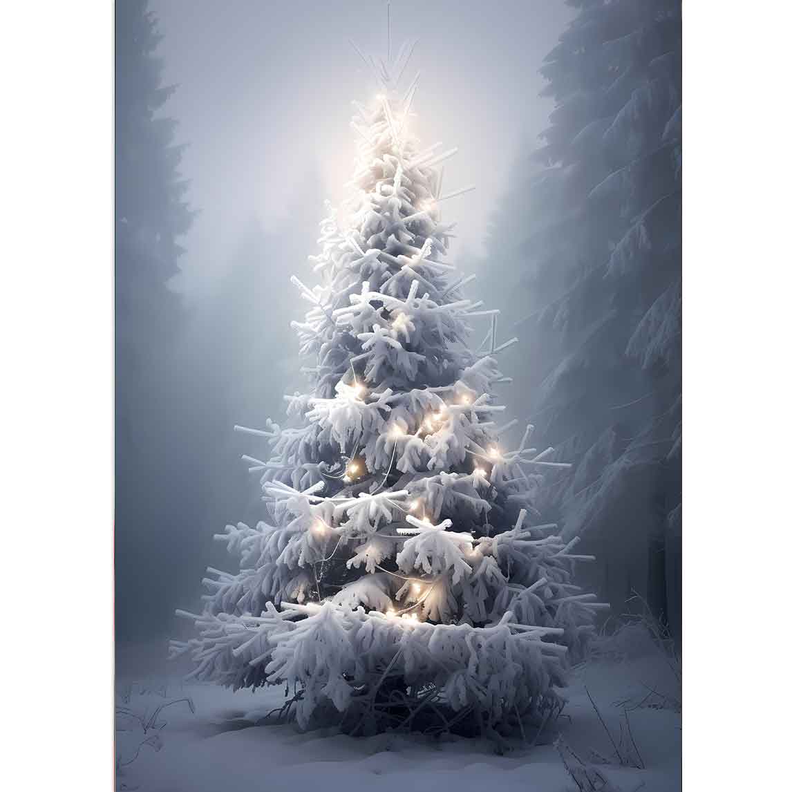 Weihnachtsbaum im Wald geschmückt mit Lichtern, eine Decke von Schnee liegt überall
