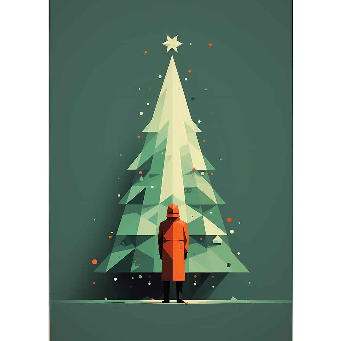 Minimalistischer Weihnachtsbaum, eine Person im Mantel steht vor ihr